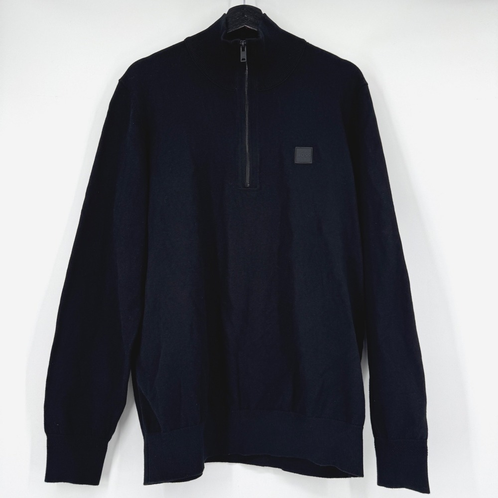 Hugo Boss Mens XL Black Cotton Cashmere Blend Quarter Zip Pullover Sweater